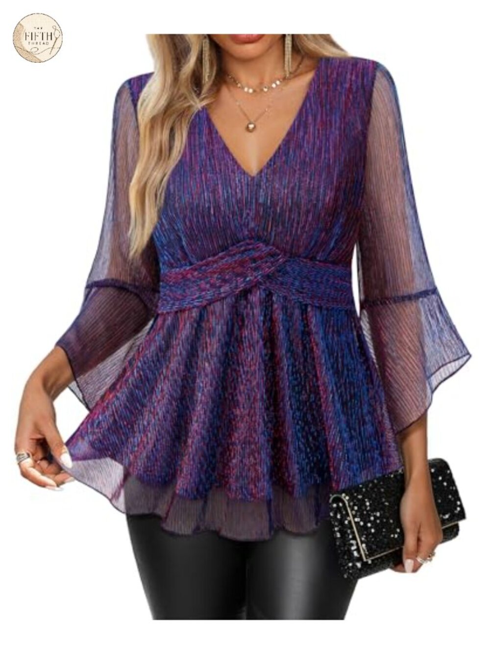 Womens Glitter Sequin 3/4 Bell Sleeve V Neck Dressy Party Blouse